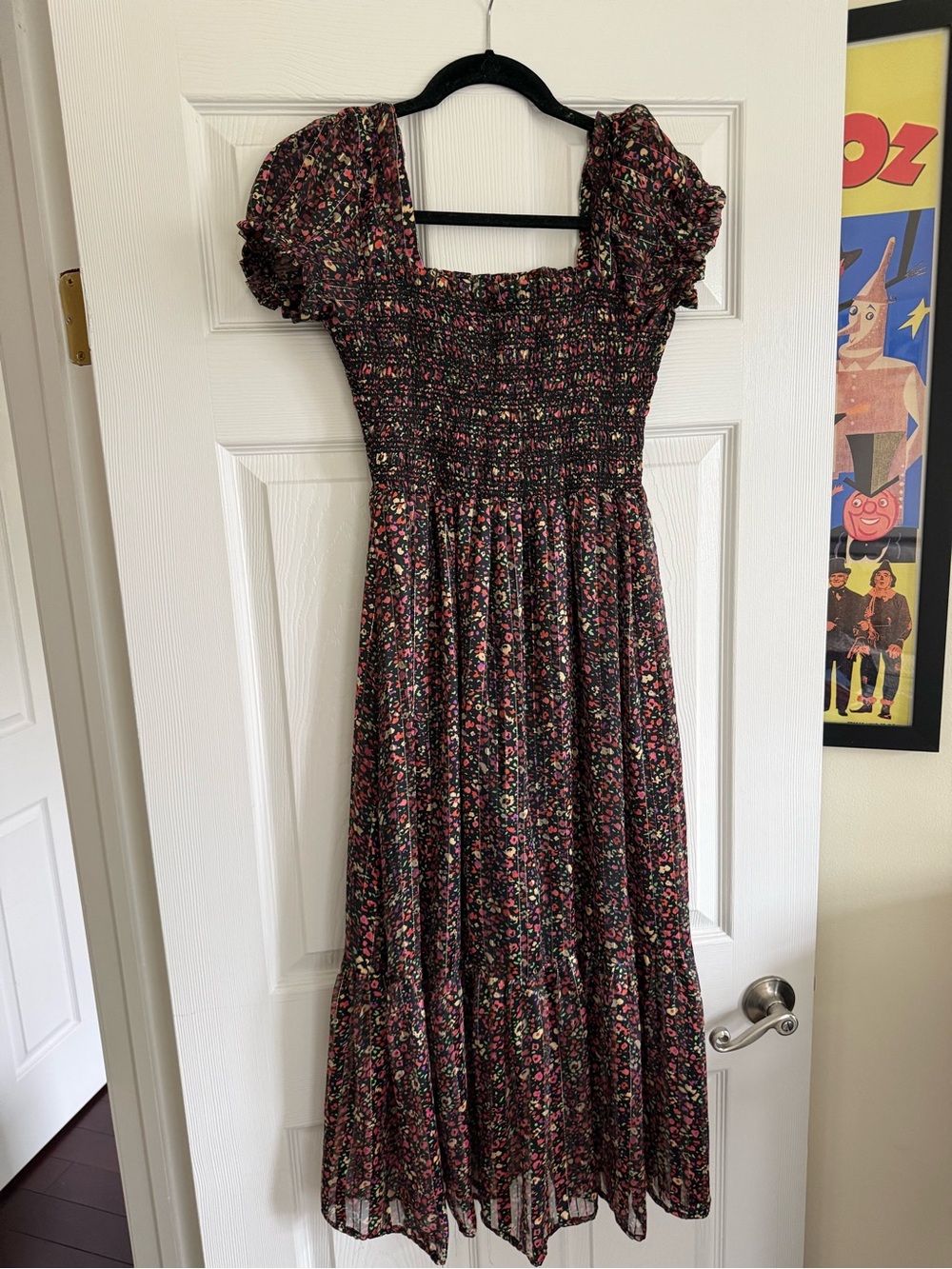 Floral Smocked Midi Dress in Black with Pink Detail